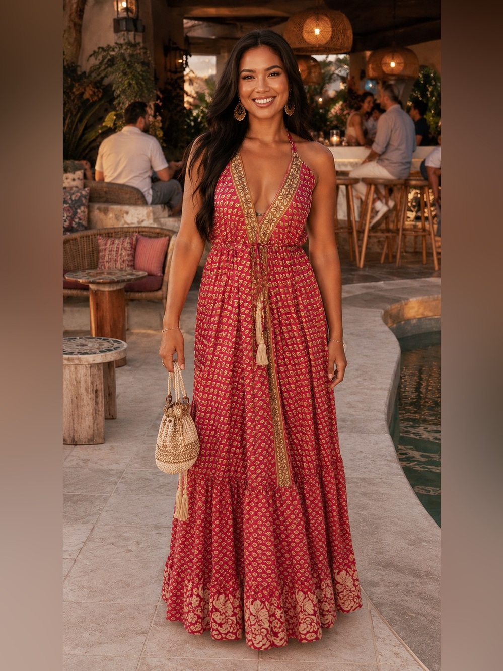 NWT Pink Boho Halter Maxi Dress Tassel Tie Cover Up